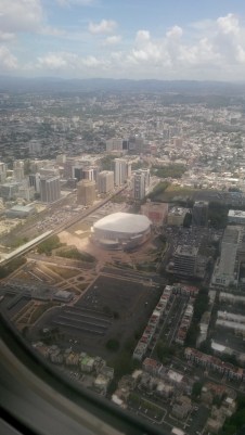View of New York city from airplane window.