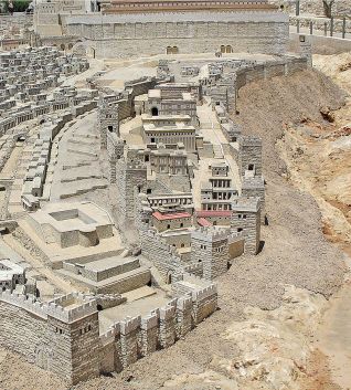 Digital reconstruction of the Biblical City of David in the period of Herod's Temple, Holyland Model of Jerusalem. The southern wall of the Temple Mount appears at top. Image courtesy of wikipedia.org