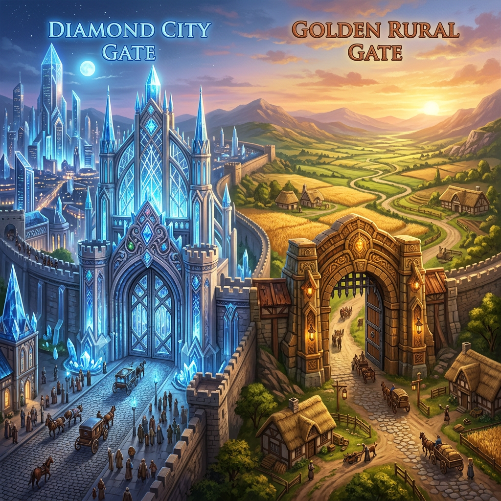 Two massive gates: diamond city and golden rural